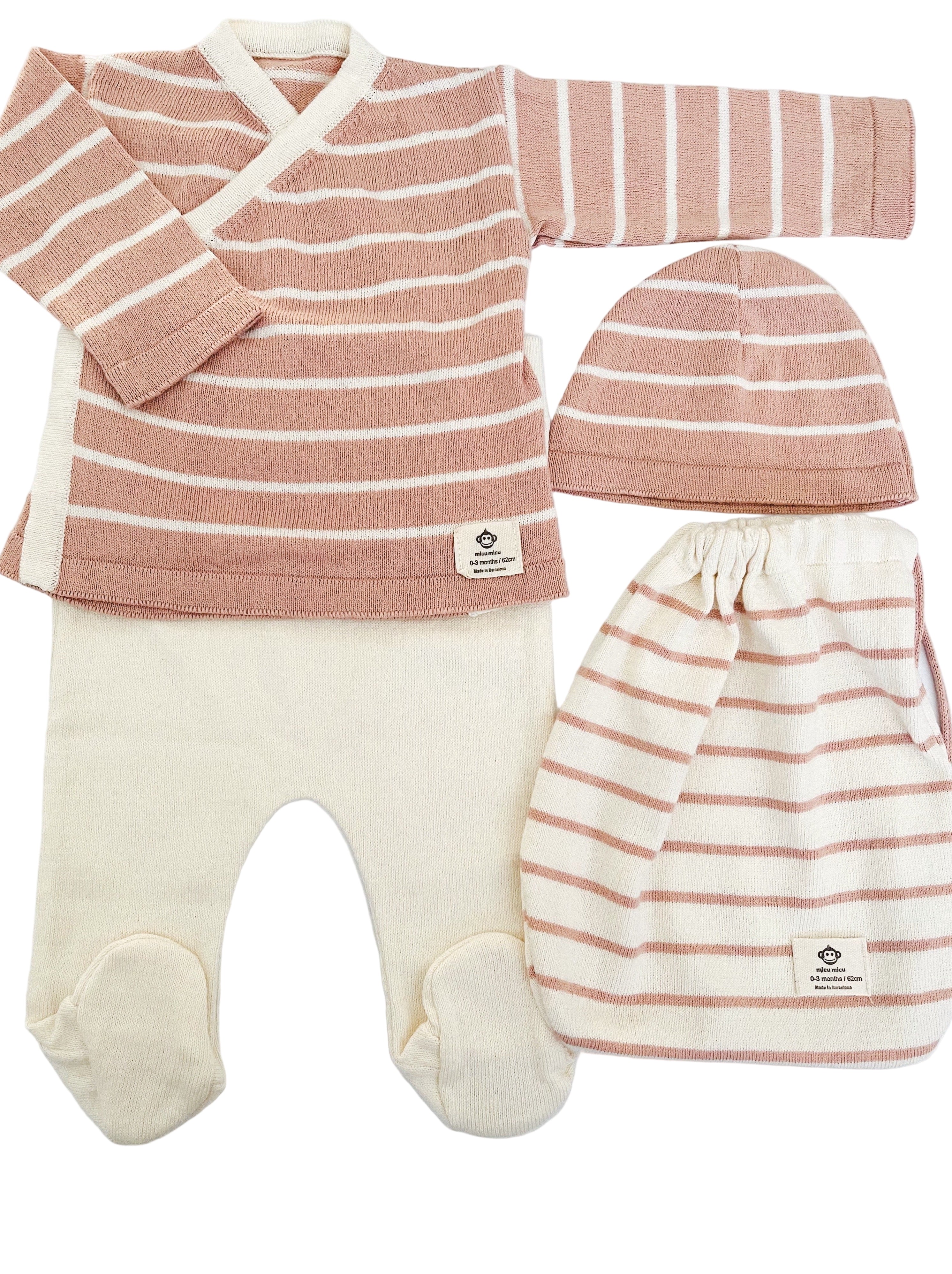Pink And Ivory Stripes Newborn Set In Organic Cotton