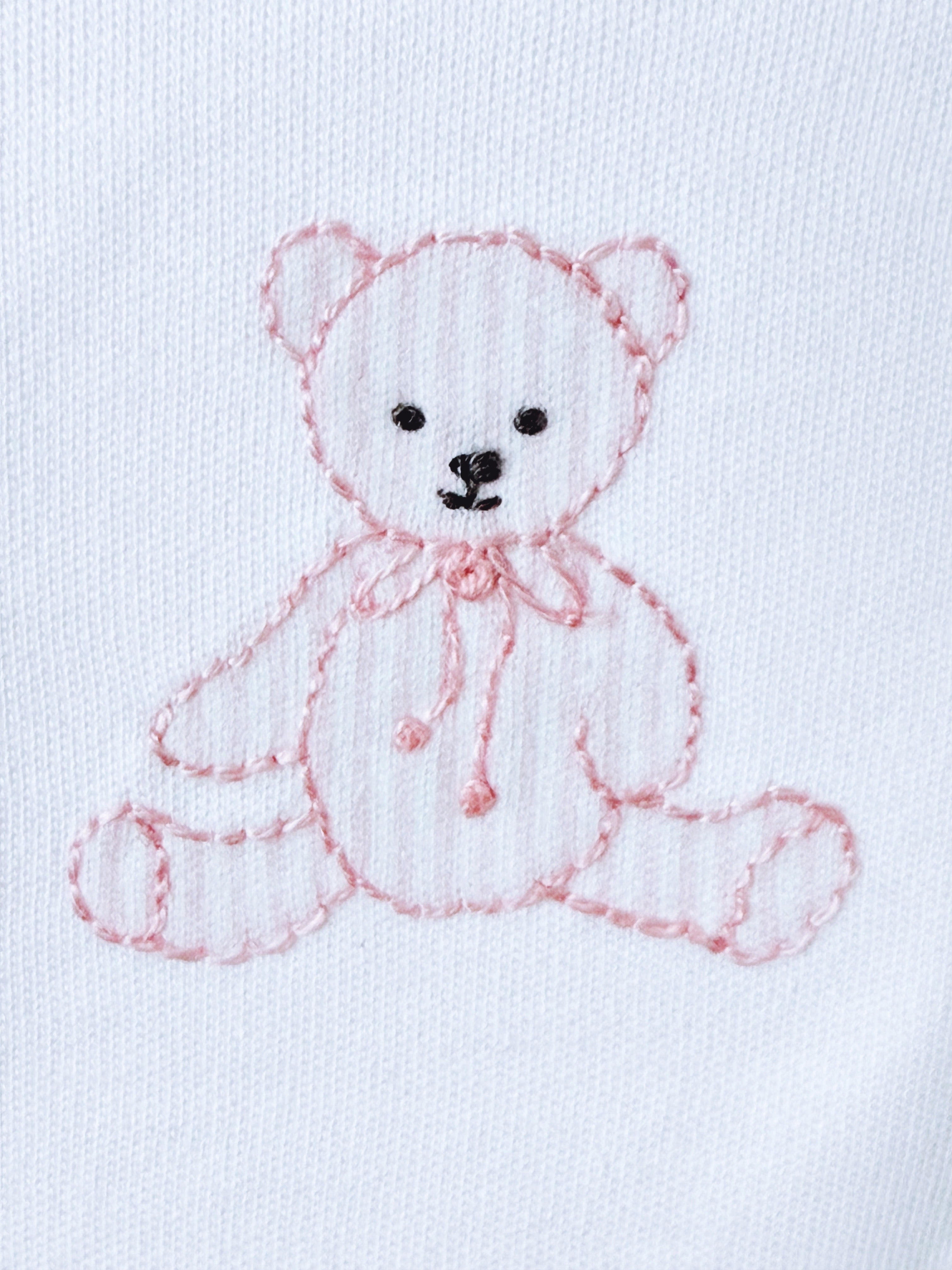 White Footie With Pink Embroidered Teddy Bear