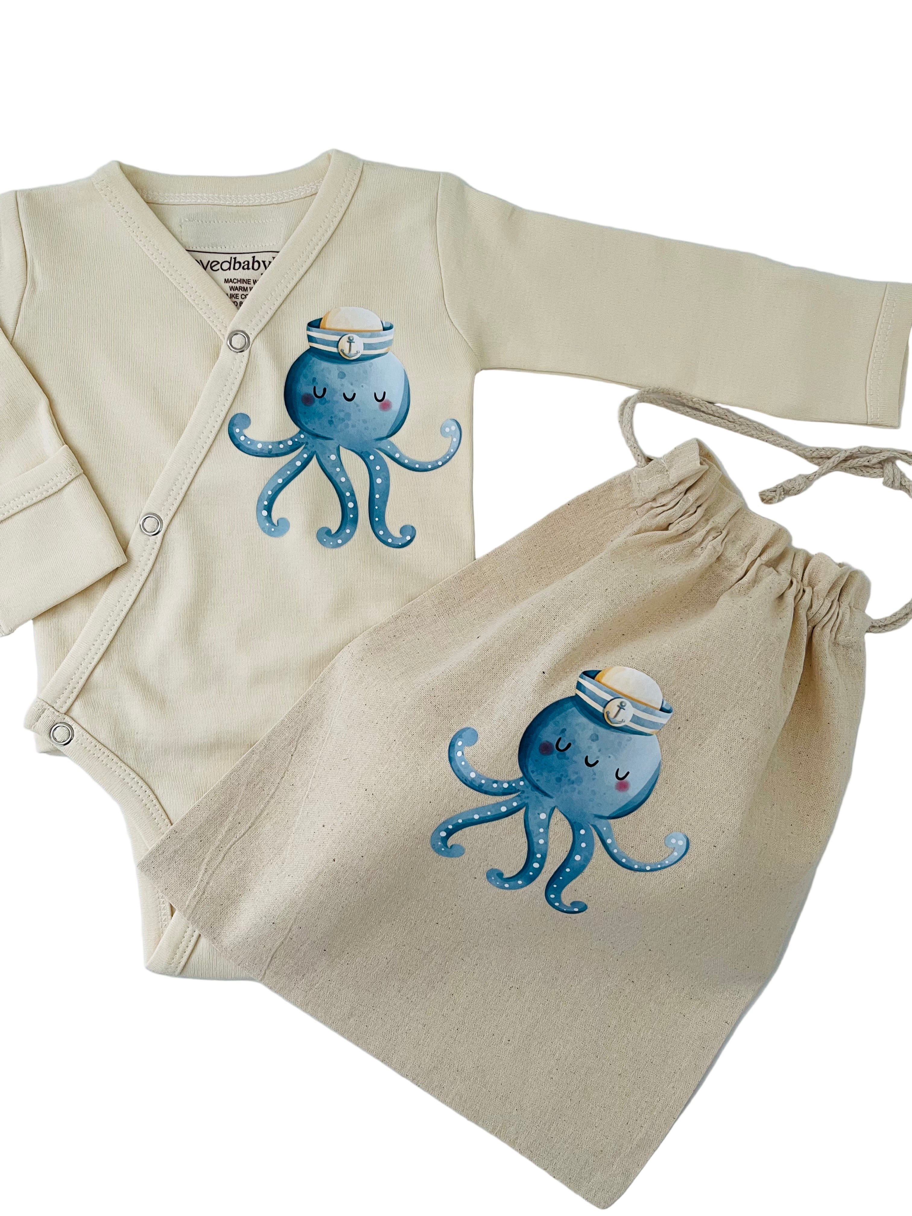 Ivory Onesie With Octopus Design In Organic Cotton