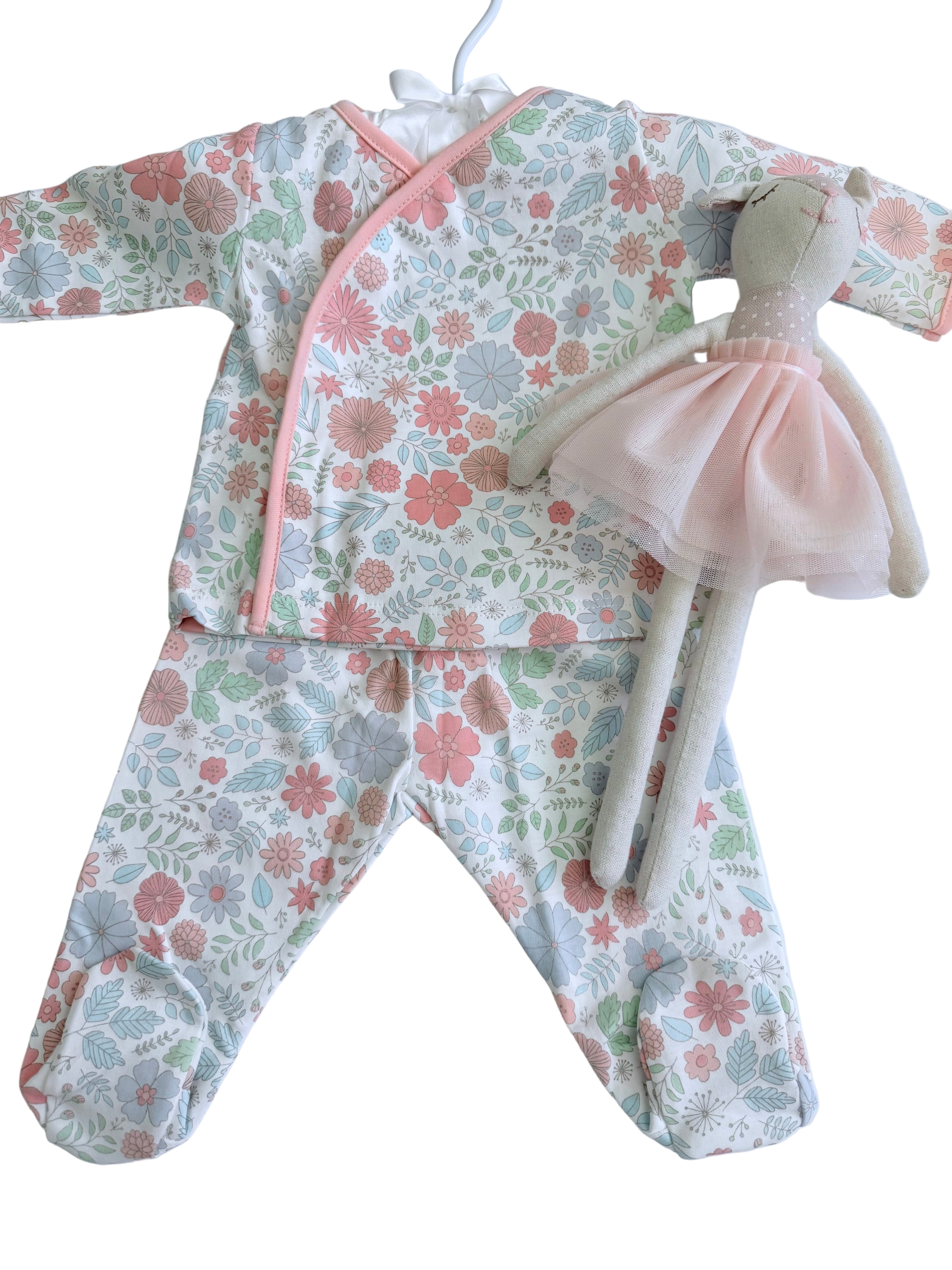 Floral Kimono Footed Pant Set In Pima Cotton