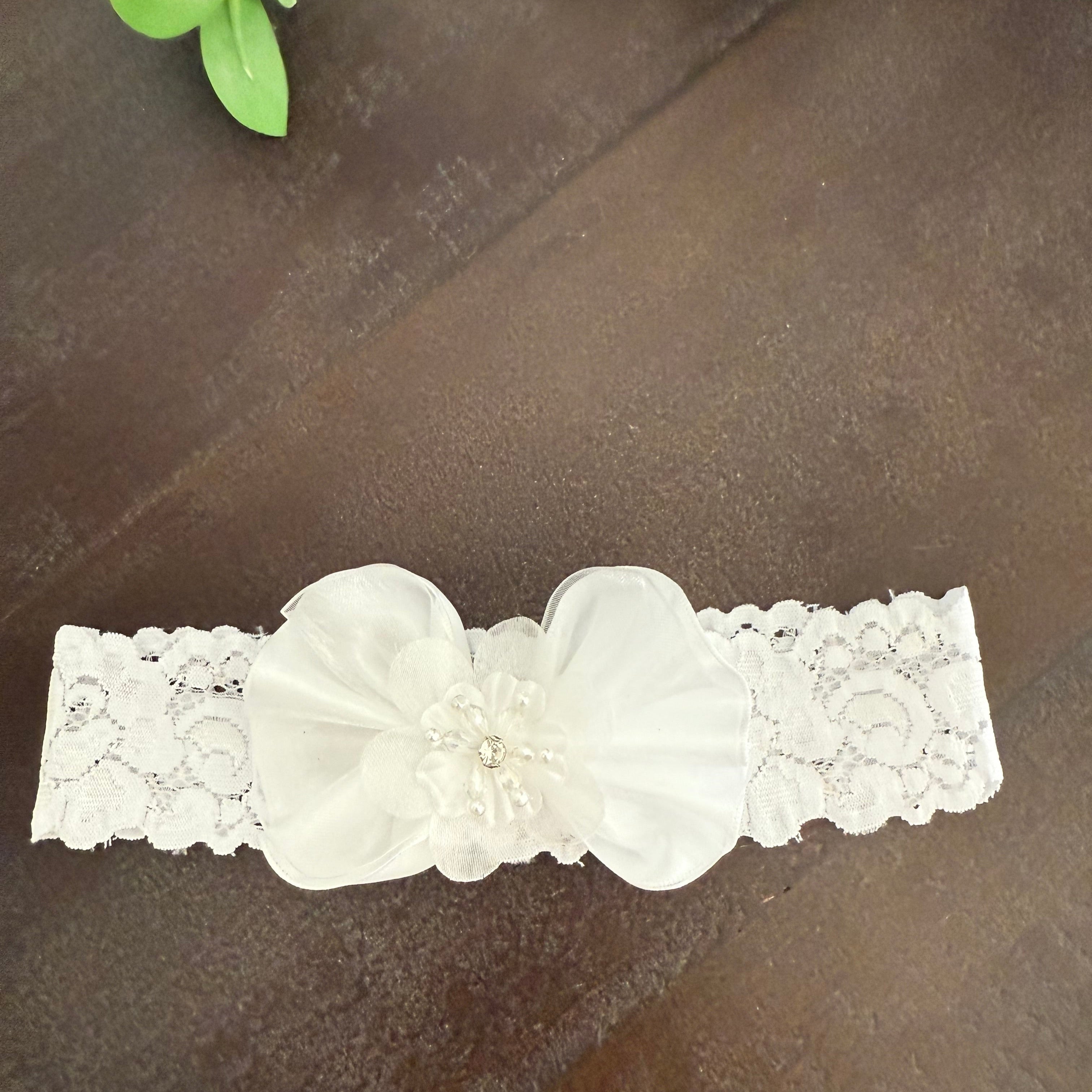 White Headband With Bow and Flower