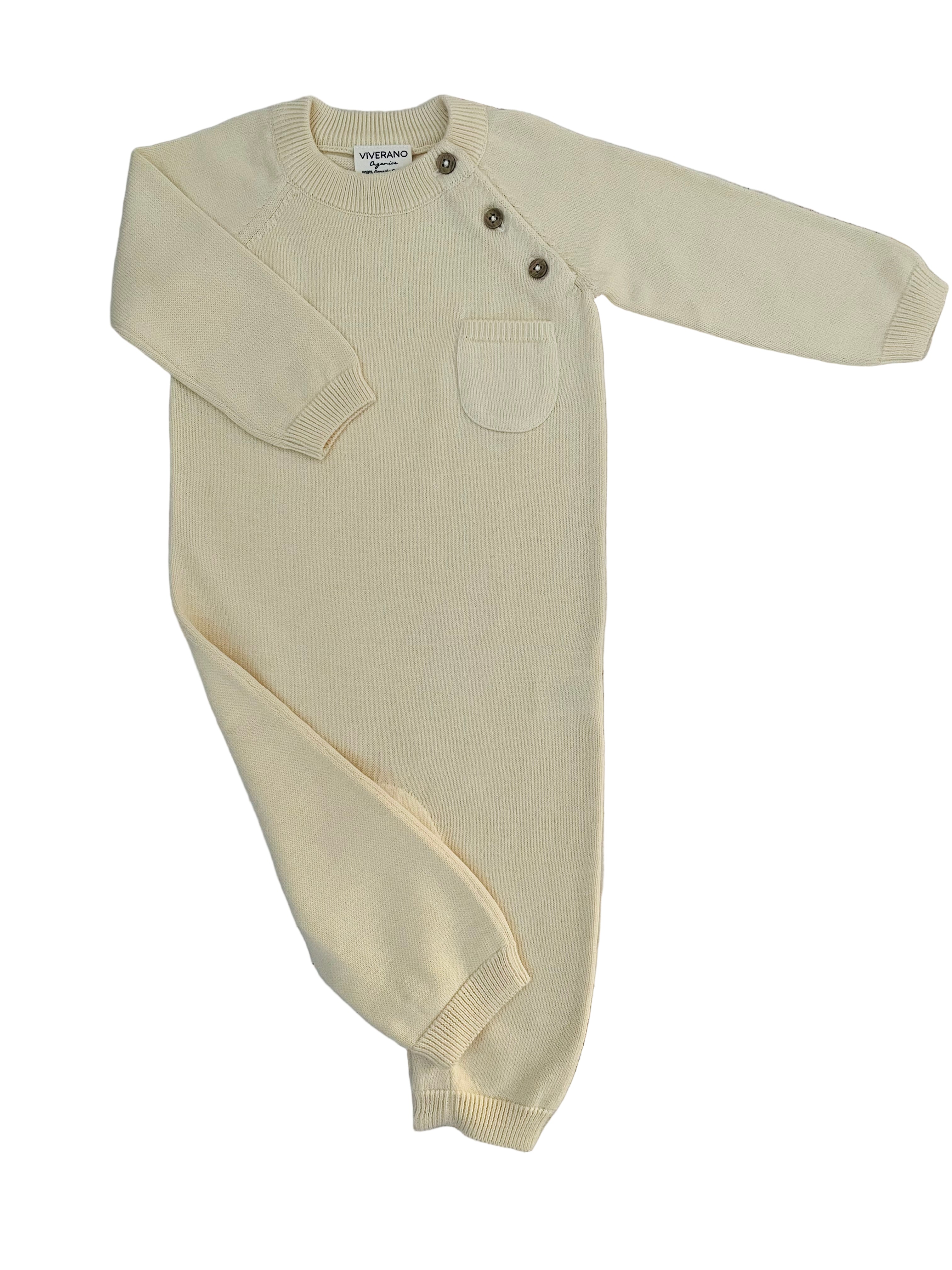 Ivory Romper With Side Button & Pocket In Organic Cotton