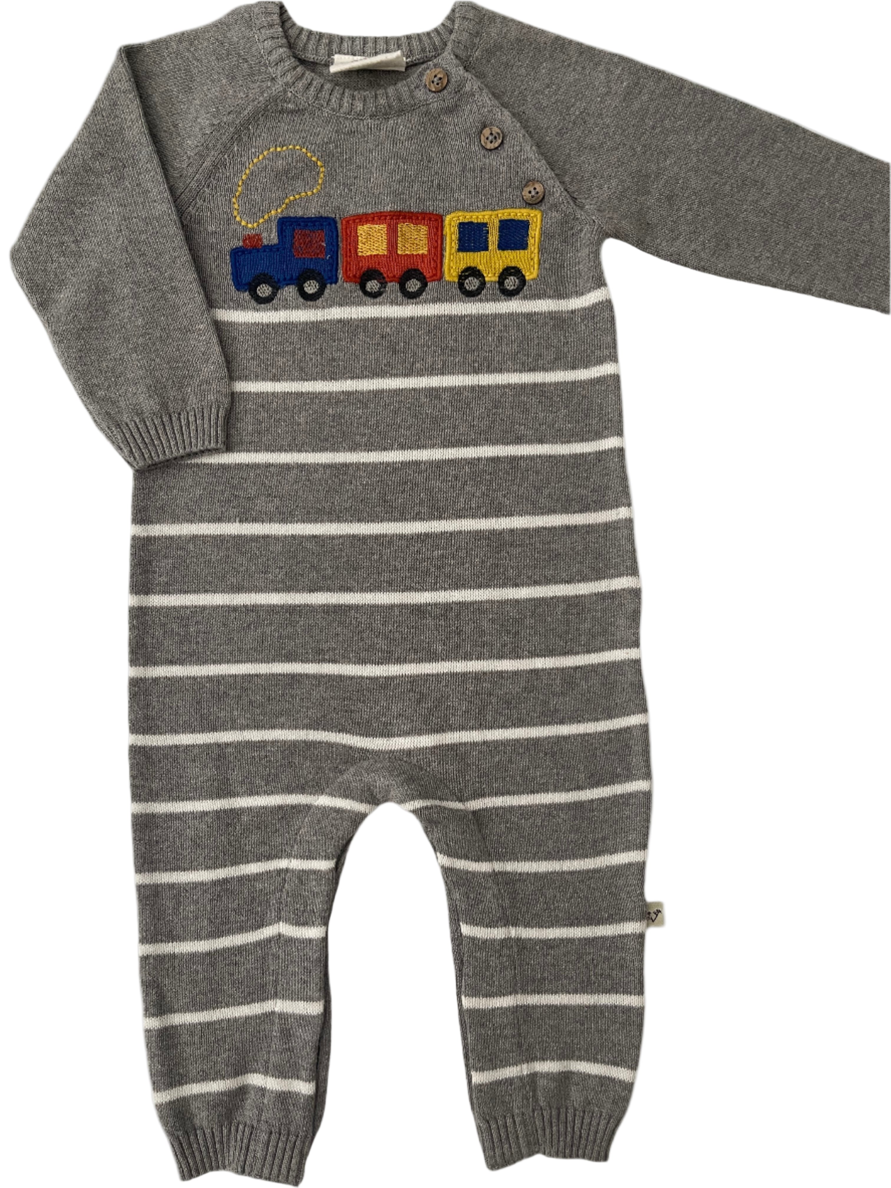 Grey Romper With Trains Appliqué In Organic Cotton