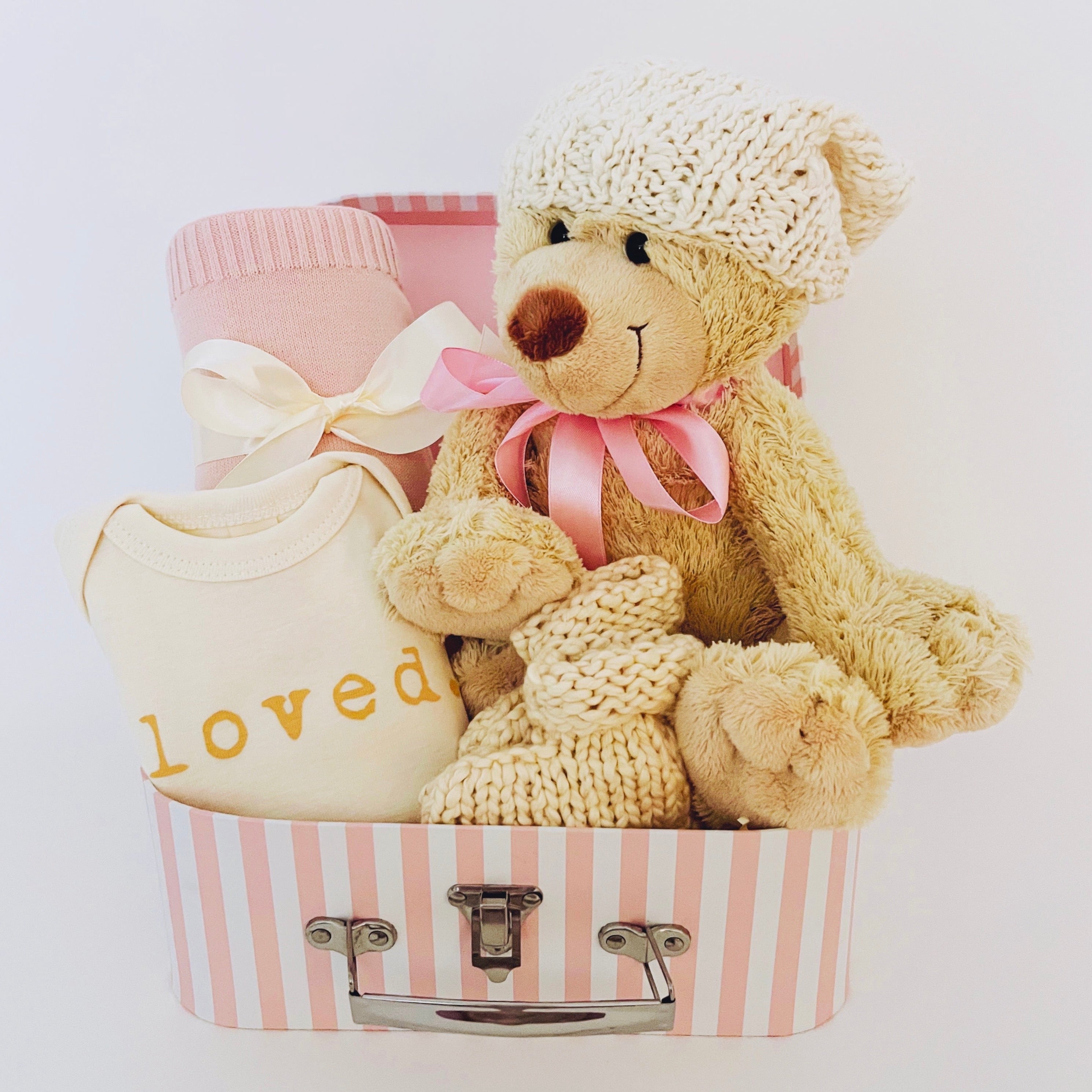 Loved Baby Girl Gift Box – Organic Cotton Blanket, Onesie, Booties, Beanie & Bear Toy | Tuki Tuki Baby