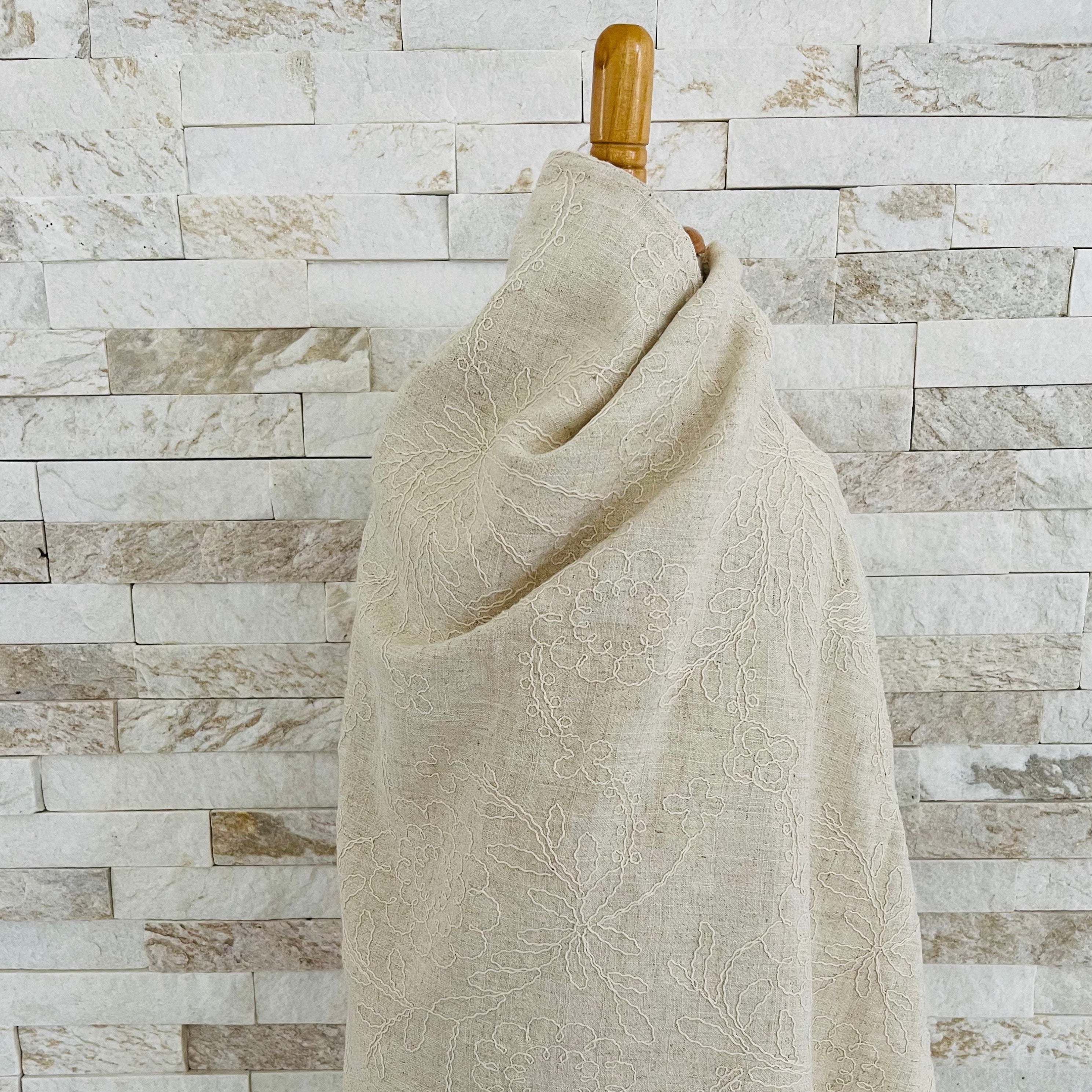 Ecru Embroidered Linen Blanket