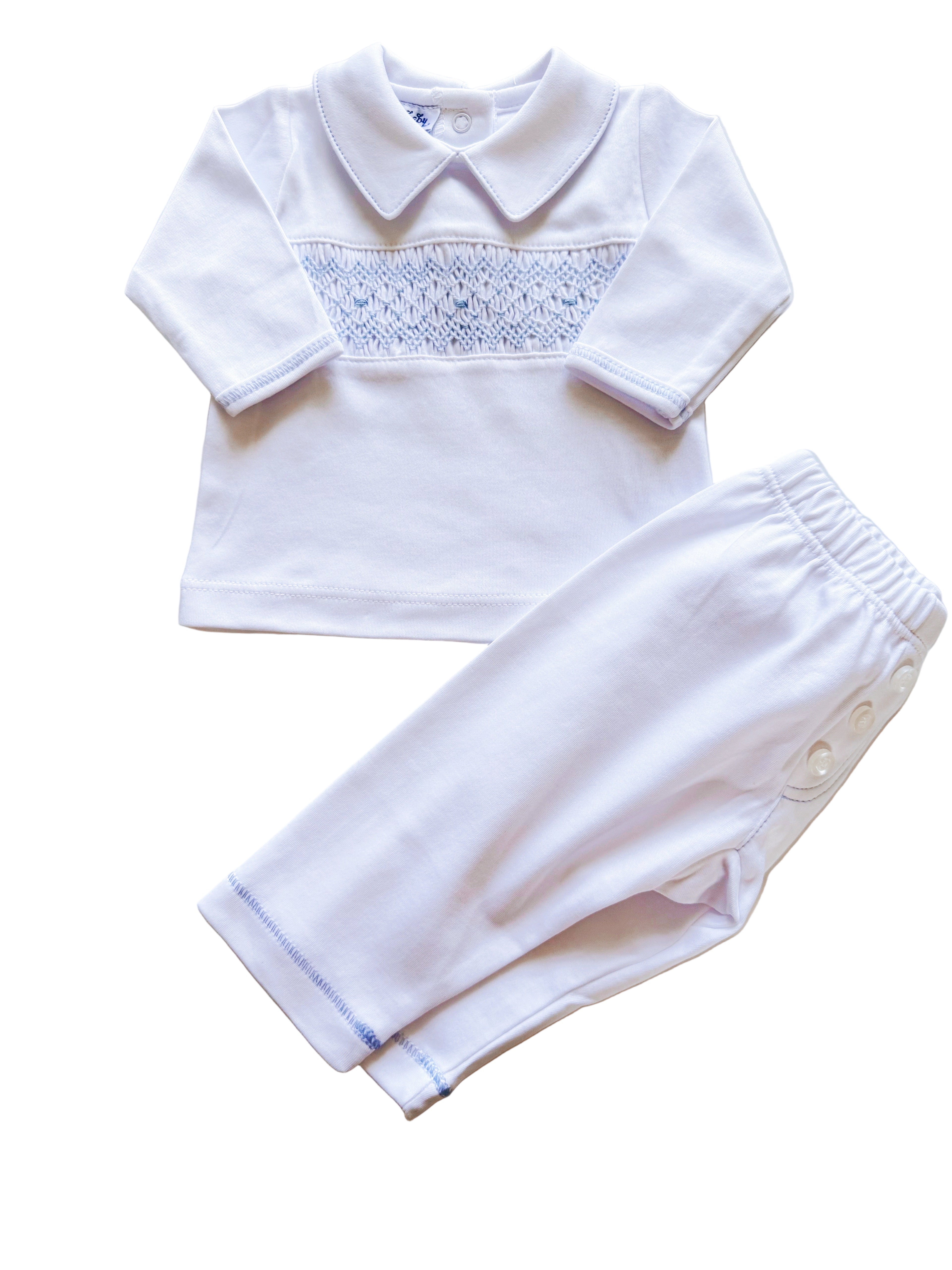 Blue and White Smocked Pant Set