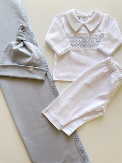 Blue and White Smocked Pant Set