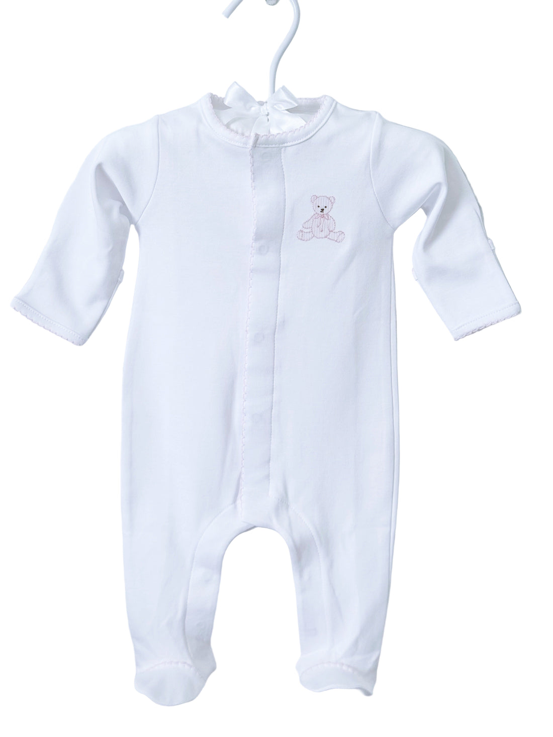 White Footie With Pink Embroidered Teddy Bear