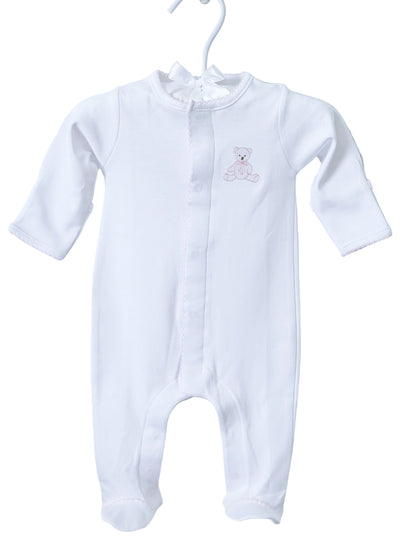 White Footie With Pink Embroidered Teddy Bear