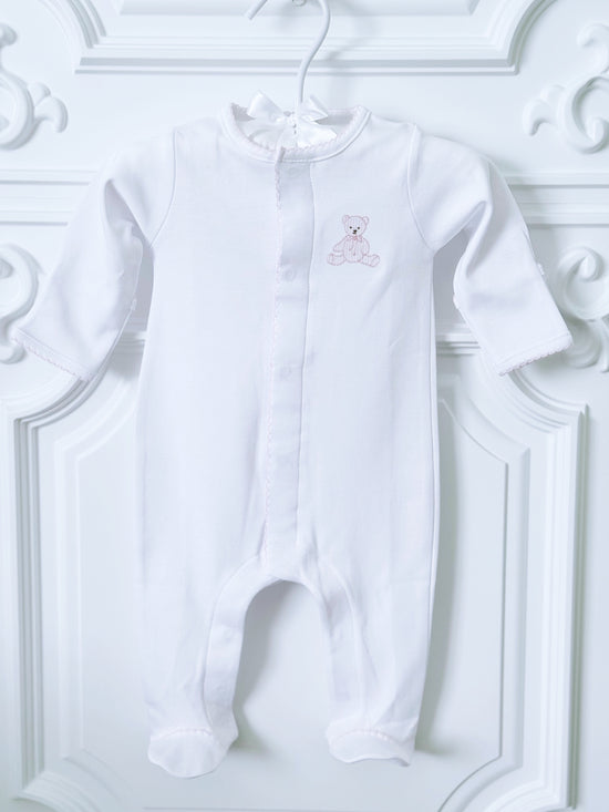 White Footie With Pink Embroidered Teddy Bear