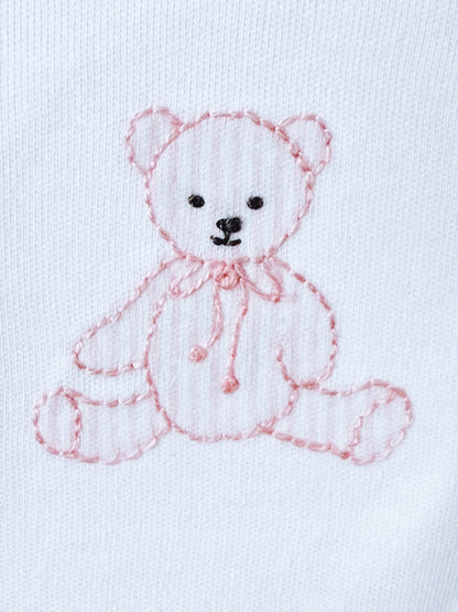 White Footie With Pink Embroidered Teddy Bear