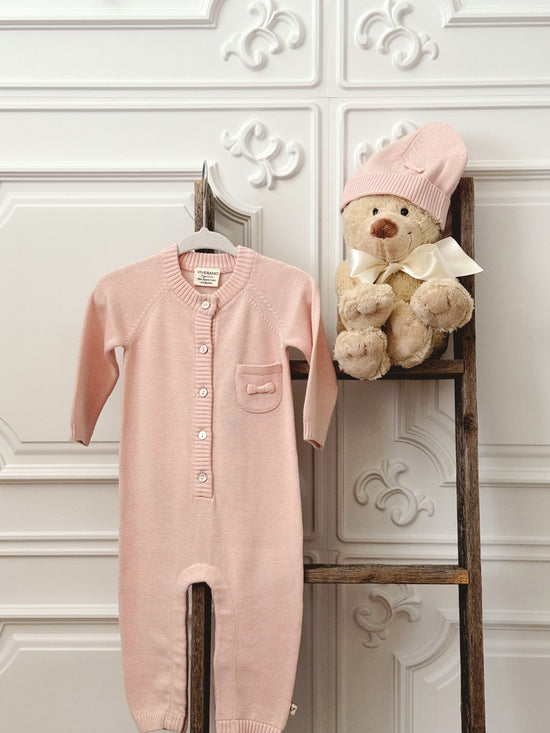 Blush Romper and Beanie Set In Organic Cotton