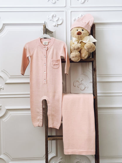 Blush Romper and Beanie Set In Organic Cotton