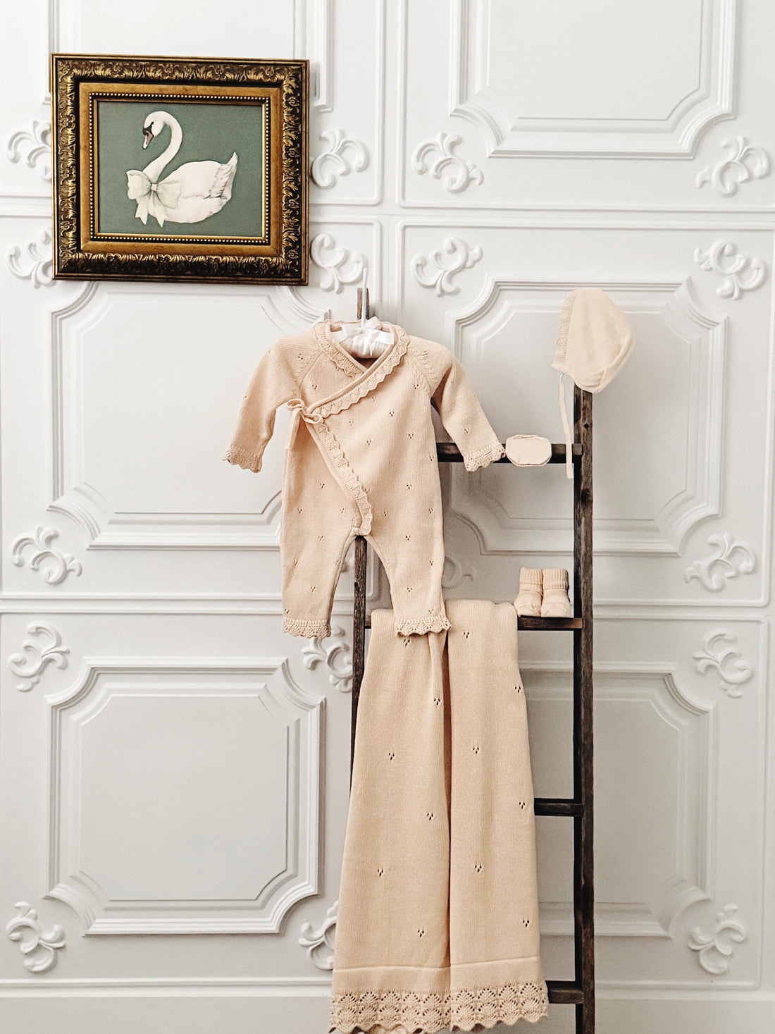Beige Knitted Newborn Layette Set in Organic Cotton