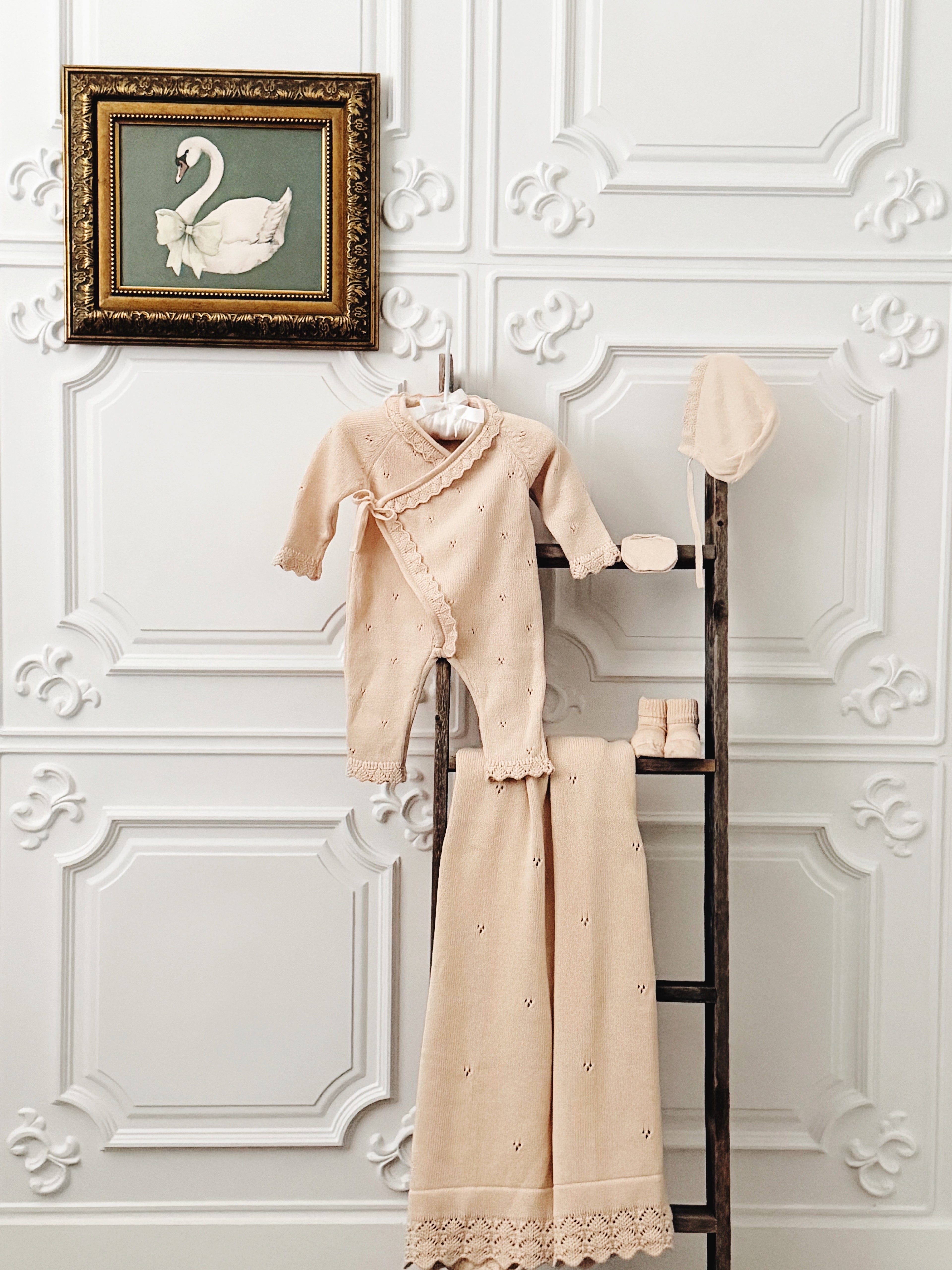 Beige Knitted Newborn Layette Set in Organic Cotton