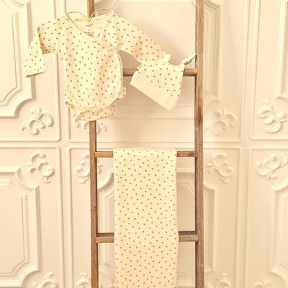 Peaches Print Kimono Style Onesie Set In Organic Cotton