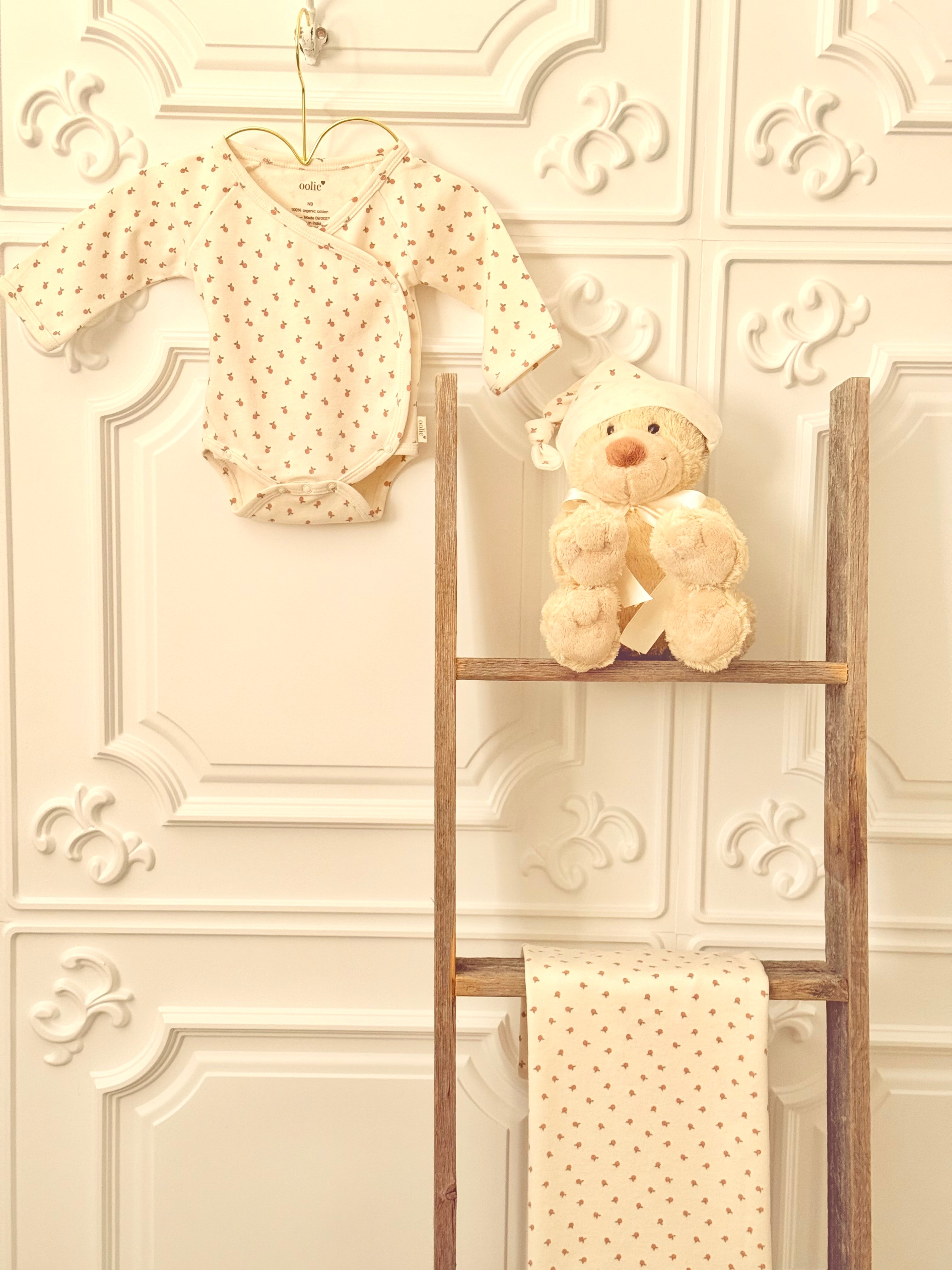 Peaches Print Kimono Style Onesie Set In Organic Cotton