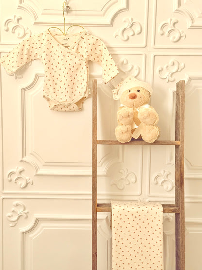 Peaches Print Kimono Style Onesie Set In Organic Cotton