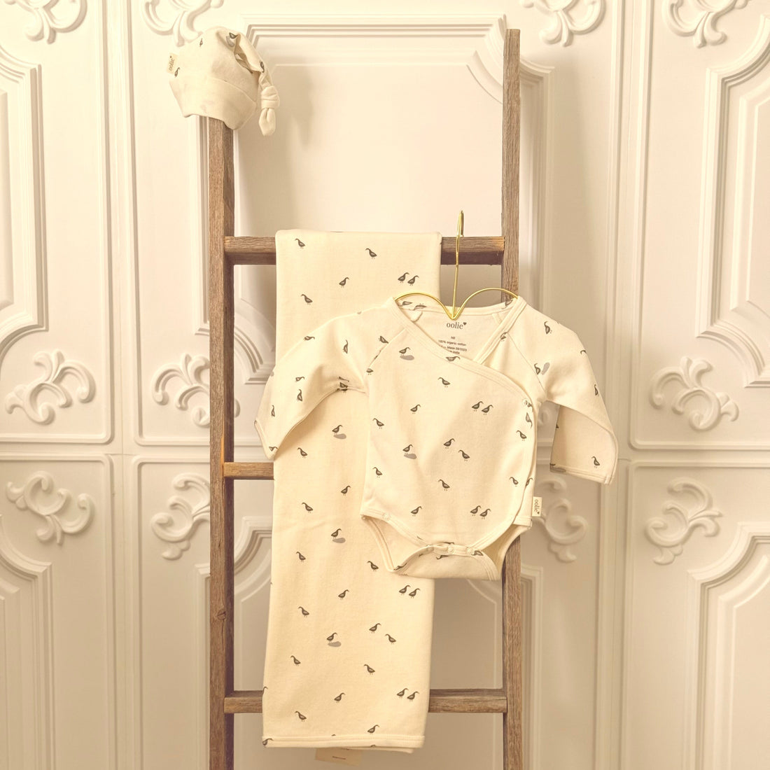 Ducks Print Kimono Style Onesie Set In Organic Cotton
