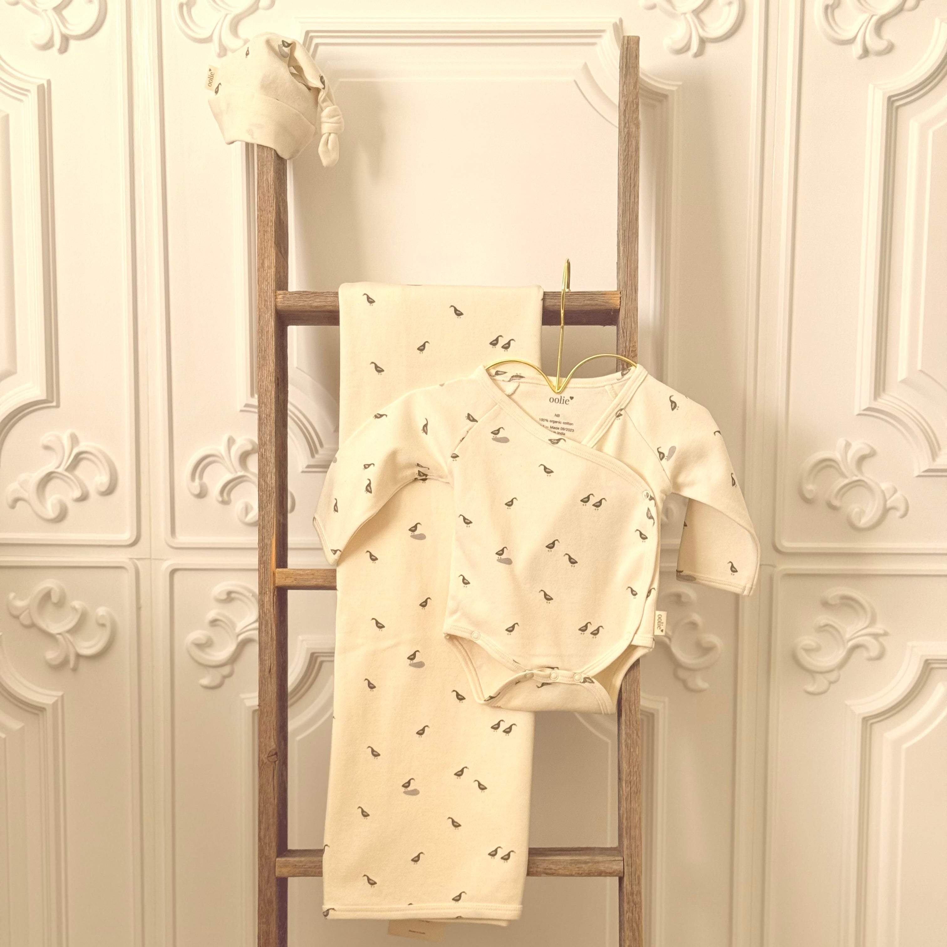 Ducks Print Kimono Style Onesie Set In Organic Cotton