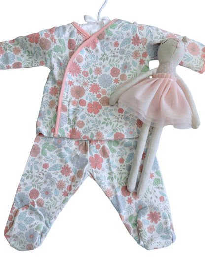 Floral  Kimono Footed Pant Set In Pima Cotton