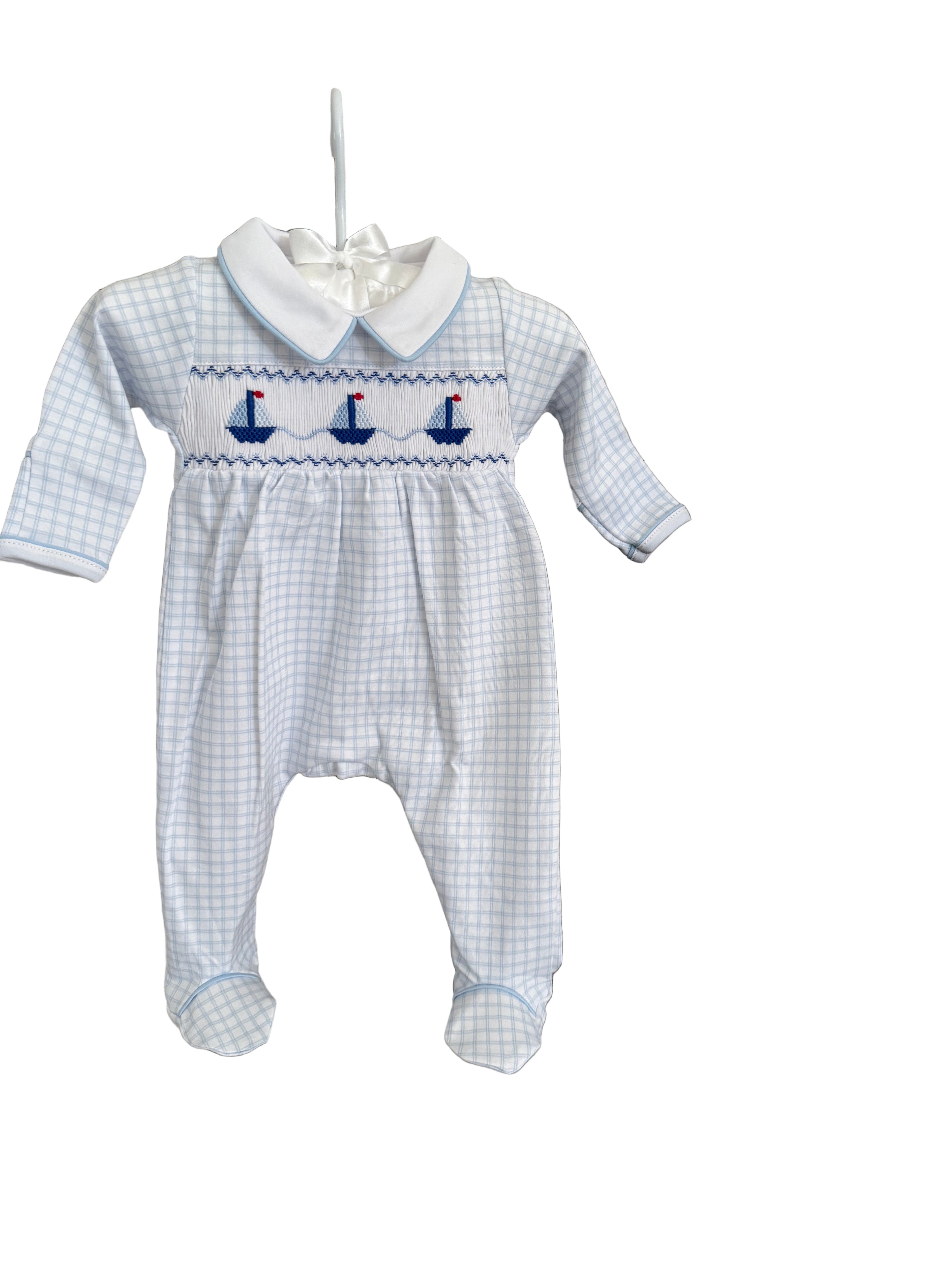 Embroidered Sailboats Smock Footie