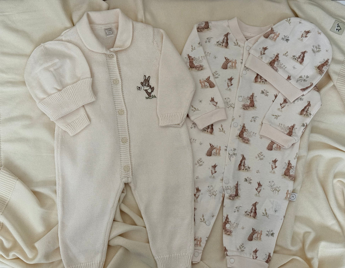 Organic Cotton Baby Rabbit 4-Piece Set – 2 Rompers &amp; 2 Hats | Tuki Tuki Baby