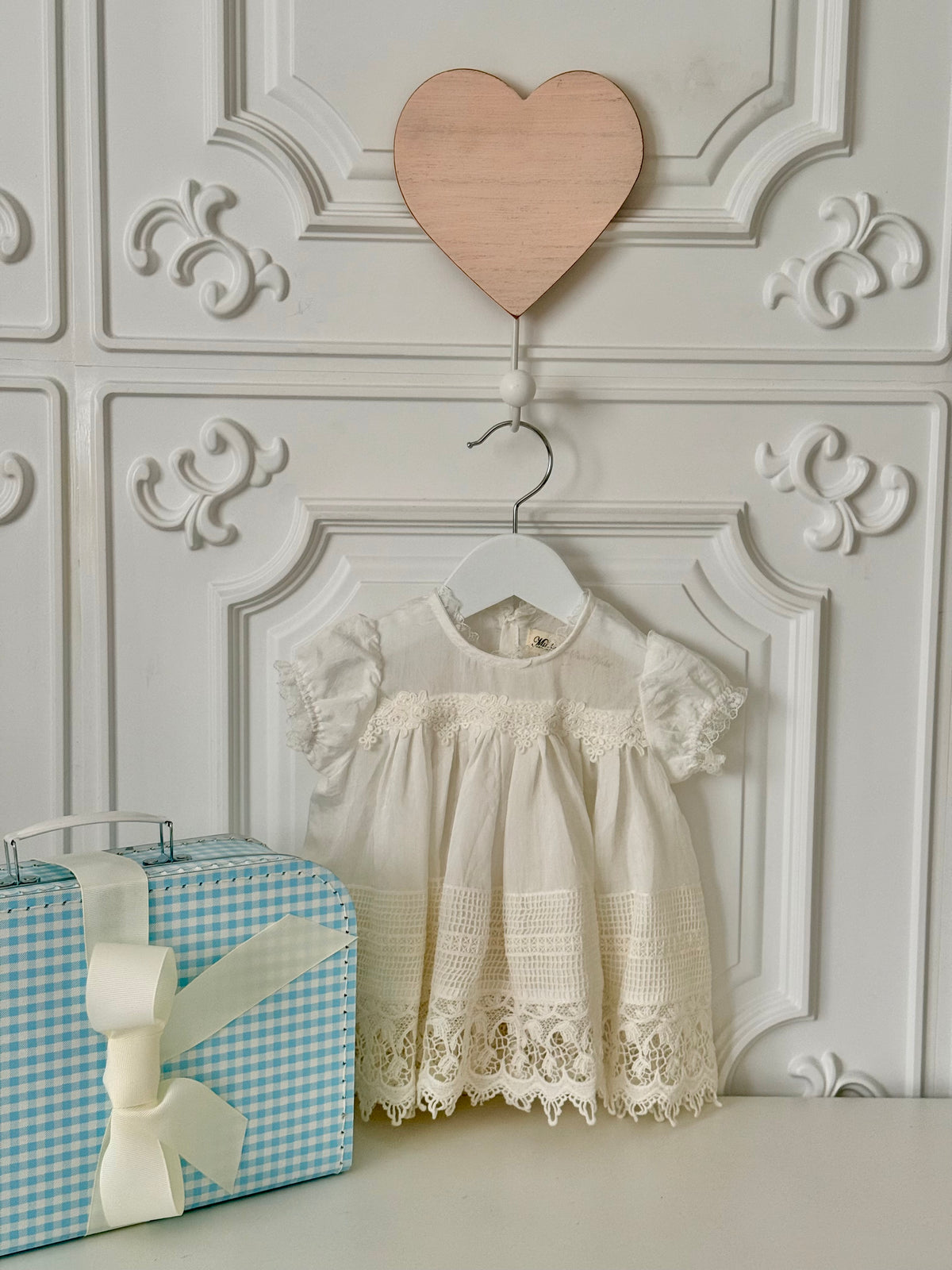 White Heirloom Baby Dress with Vintage Lace – Silk/Cotton with Bloomers | Tuki Tuki Baby