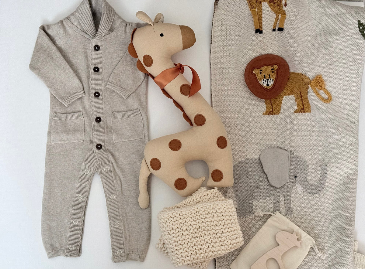 Wild Safari Organic Cotton Baby Gift Box – Romper, Blanket, Giraffe Toy &amp; Teether | Tuki Tuki Baby