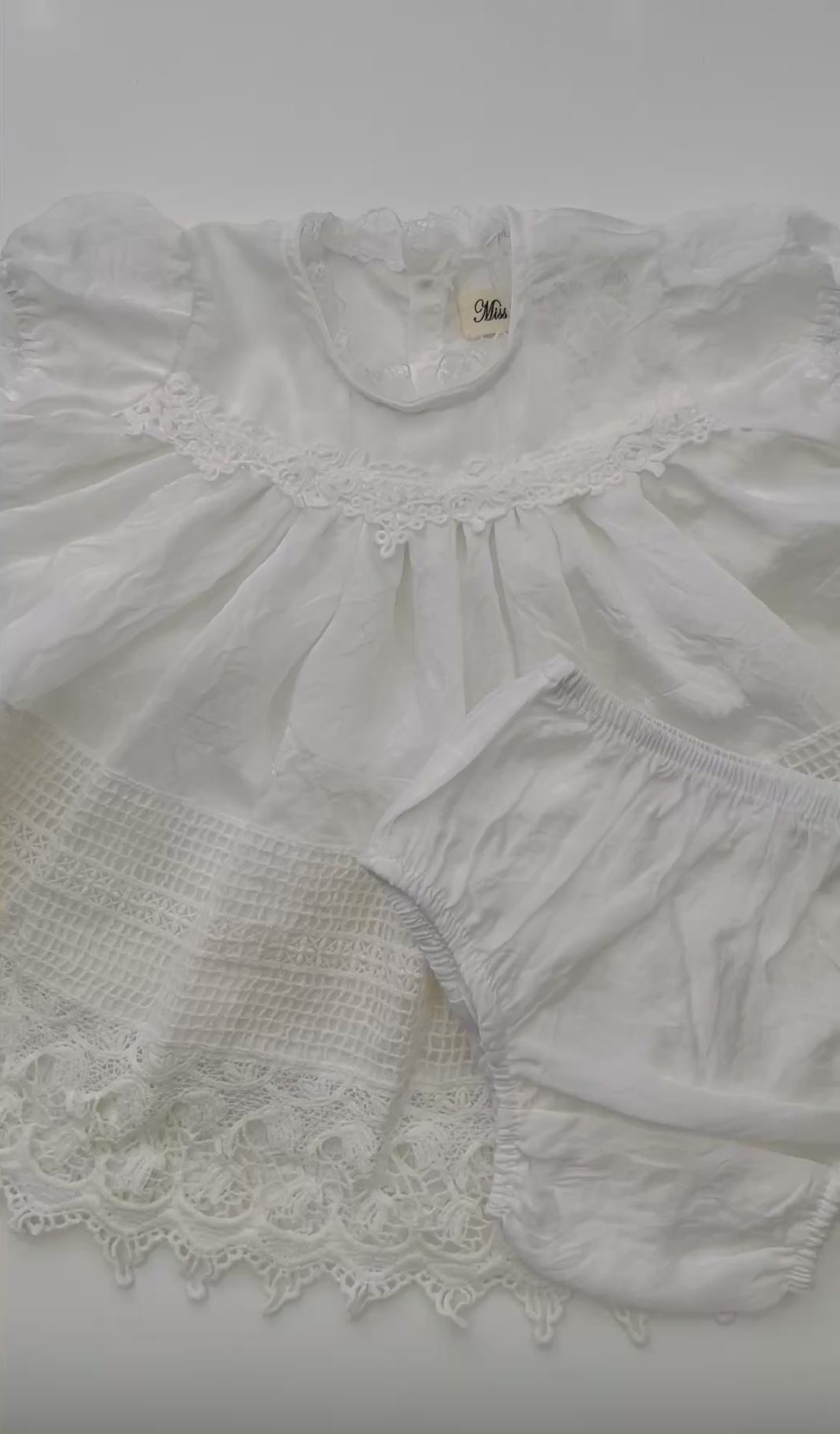White Heirloom Baby Dress with Vintage Lace – Silk/Cotton with Bloomers | Tuki Tuki Baby