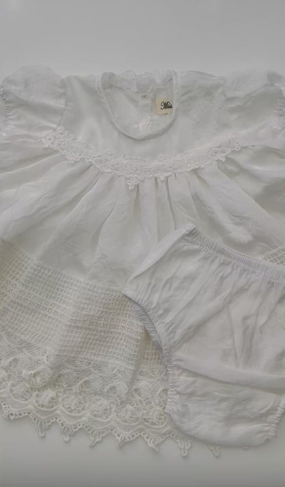 White Heirloom Baby Dress with Vintage Lace – Silk/Cotton with Bloomers | Tuki Tuki Baby