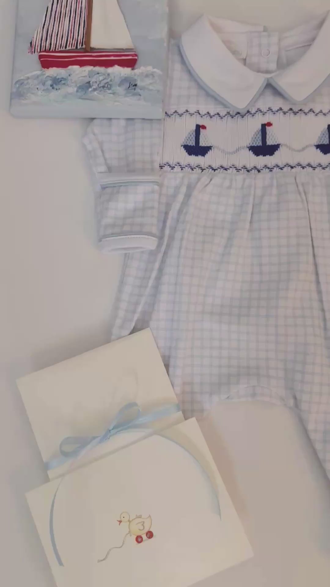The Seaside Heirloom Baby Box – Pima Cotton Sailboat Footie, Organic Blanket, Elephant Toy &amp; Hand-Painted Canvas | Tuki Tuki Baby
