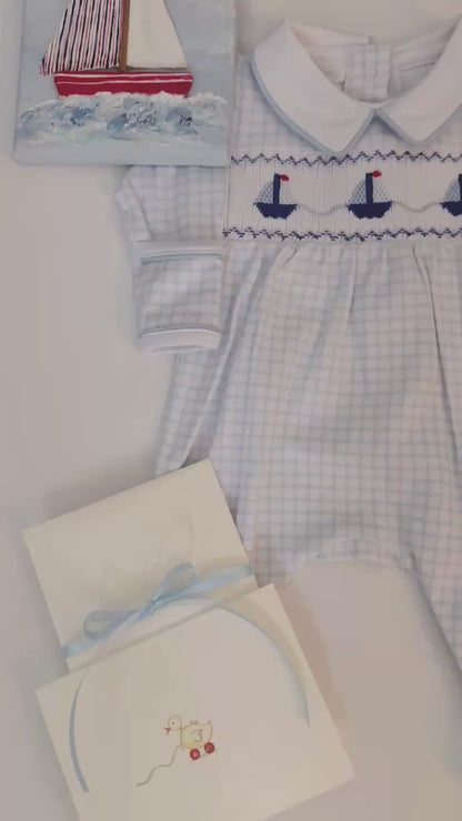 The Seaside Heirloom Baby Box – Pima Cotton Sailboat Footie, Organic Blanket, Elephant Toy &amp; Hand-Painted Canvas | Tuki Tuki Baby