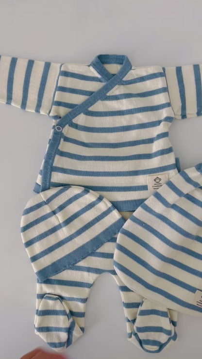 Multi Stripe Organic Cotton Newborn Set – Kimono Top, Footie &amp; Hat | Tuki Tuki Baby