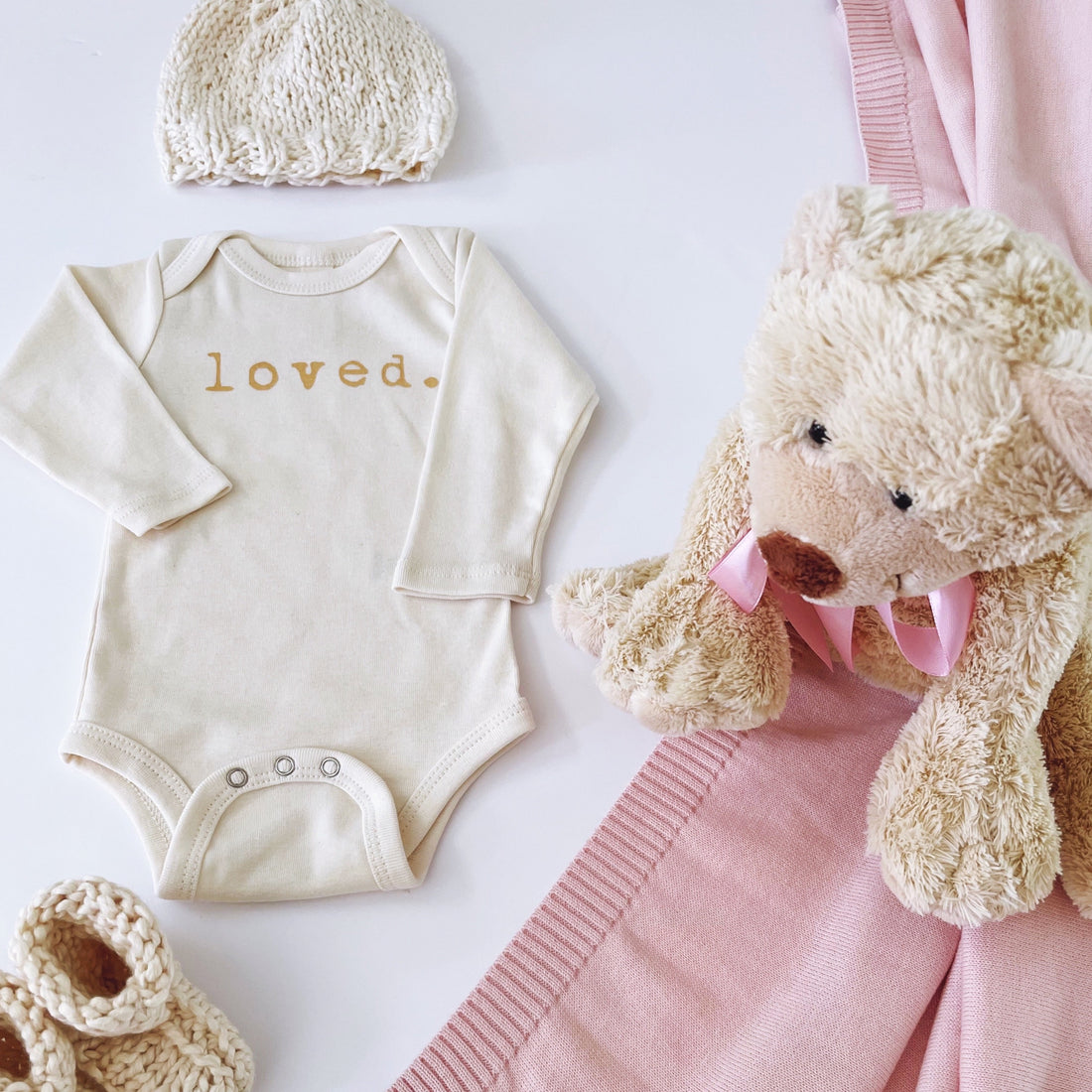 Loved Baby Girl Gift Box – Organic Cotton Blanket, Onesie, Booties, Beanie &amp; Bear Toy | Tuki Tuki Baby