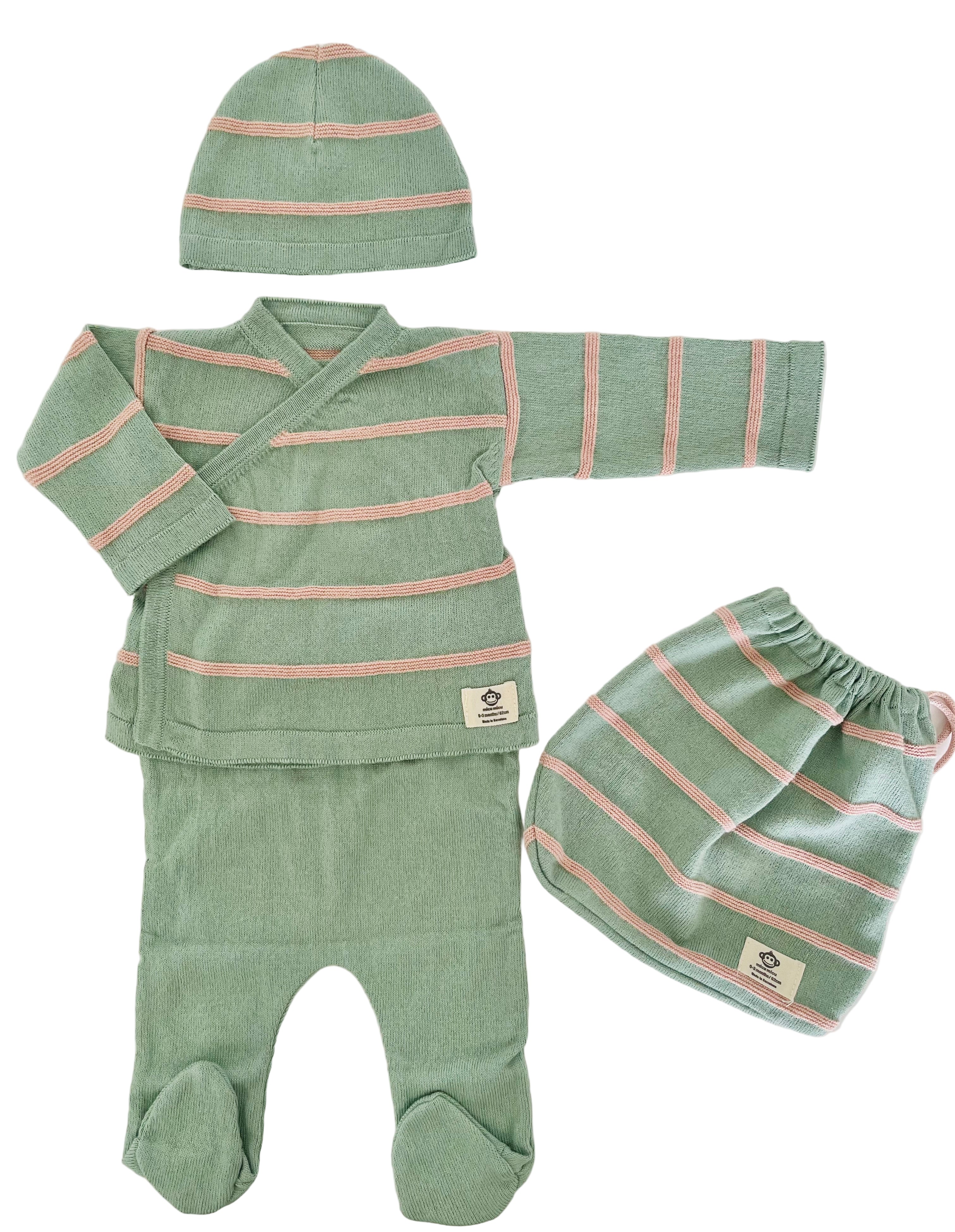 Sage Green With Pink Stripes Newborn Set in Organic Cotton