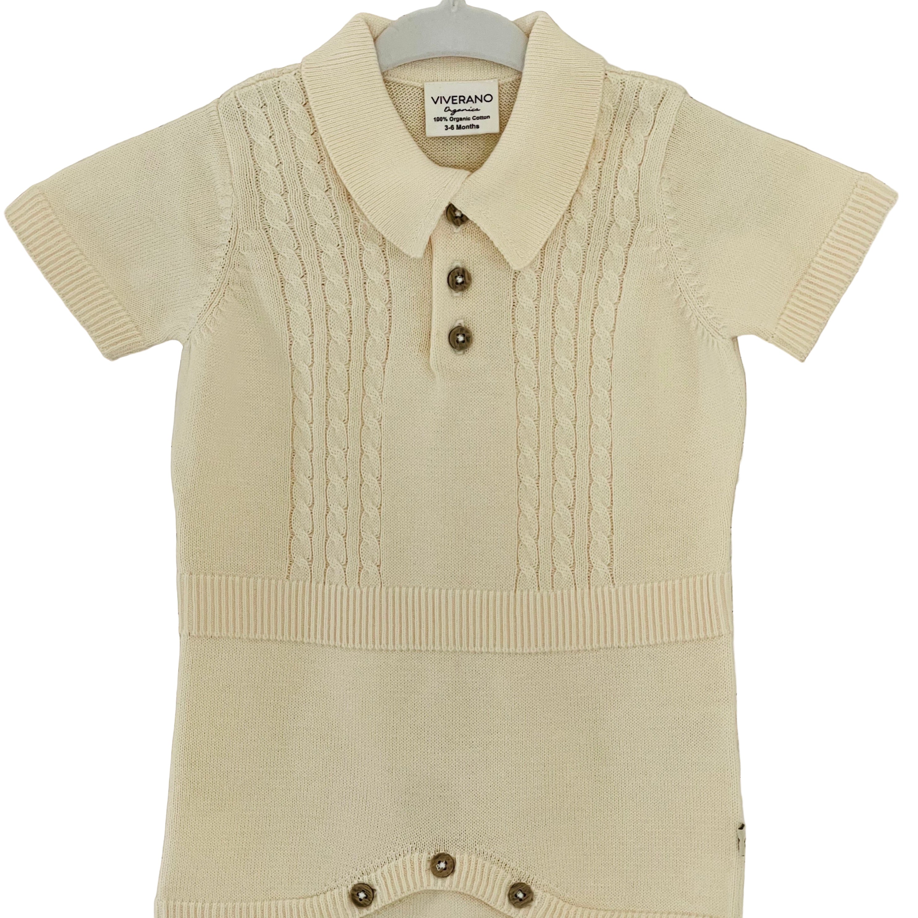 Ivory Bodysuit With  Collar &amp; Cable Knit Design In Organic Cotton