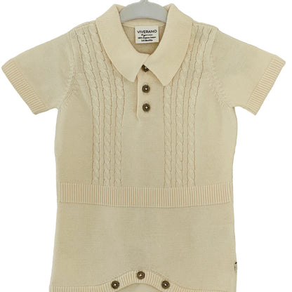 Ivory Bodysuit With  Collar &amp; Cable Knit Design In Organic Cotton