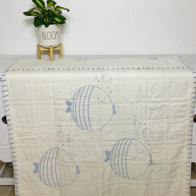 Light Blue fish & Bubbles Reversible Baby Quilt